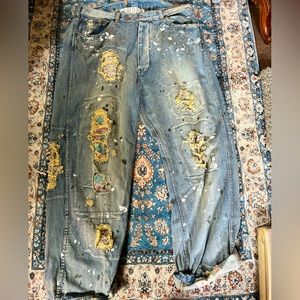 Cotton Miner Denims with Paint and Stains, Hand aging.